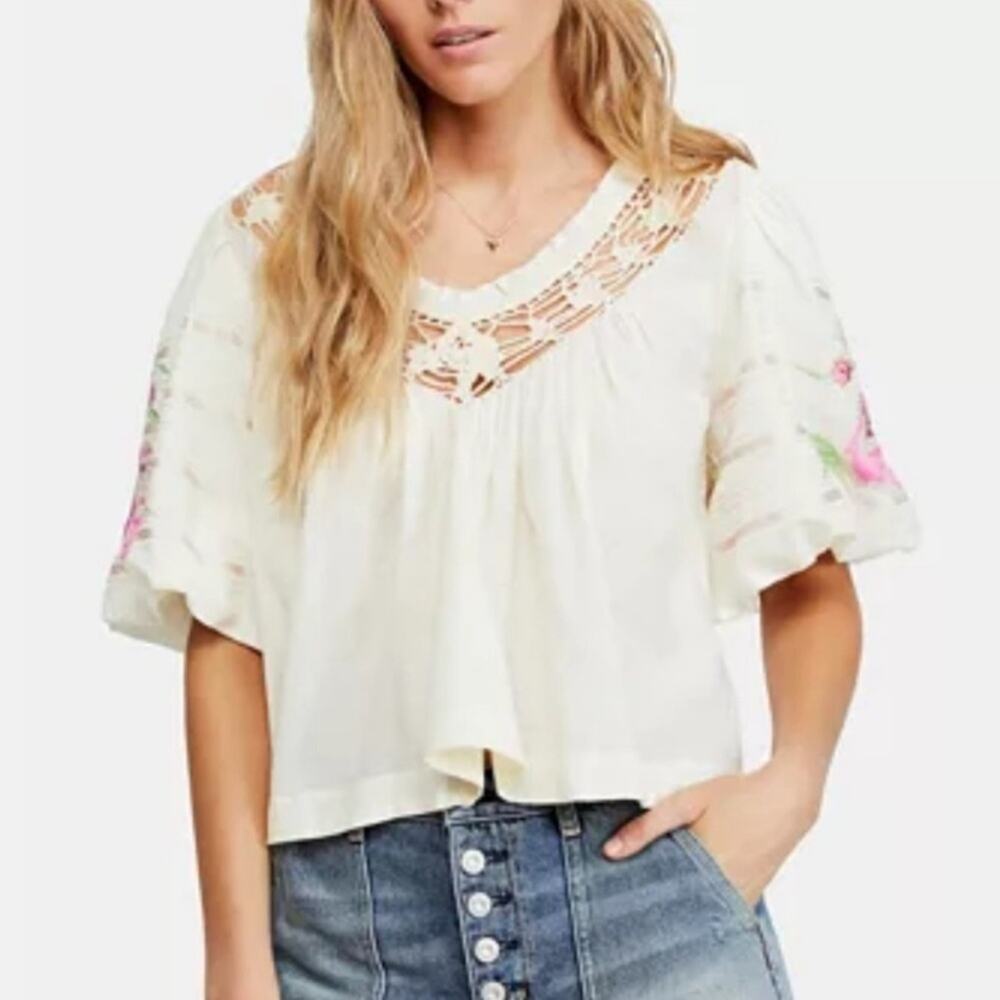 Free People Cream Bohemia Embroidered Cropped Peasant Top XS